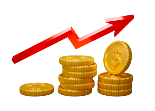 Gold coins with red arrow 3D rendering illustration transparency - Powered by Adobe