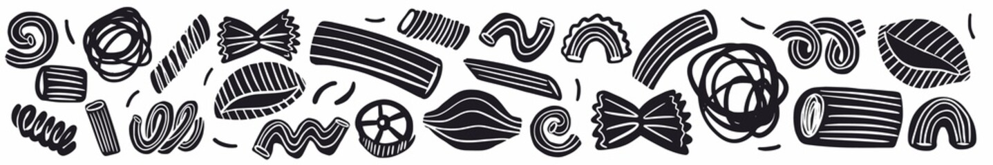 Horizontal illustration of the pasta collection hand-drawn in the style of a doodle