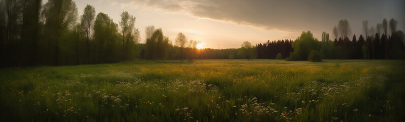 Banner of fresh green meadow at sunset in late Spring, made with Generative Ai