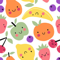 Cute cartoon fruit. Vector illustration in modern style.  Pear, lemon, cherry, apple seamless pattern