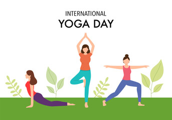 International yoga day in flat design on white background. Young women doing yoga exercise in different poses.