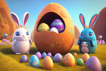 3D Easter bunnys and eggs created with generative AI