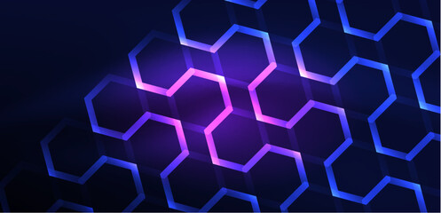 Obraz na płótnie Canvas Hexagon abstract background. Techno glowing neon hexagon shapes vector illustration for wallpaper, banner, background, landing page, wall art, invitation, prints, posters