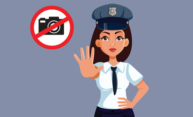 Security Guard Prohibits Photography for Safety Reasons Vector Illustration. Police woman imposing no photos rule in a museum
