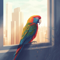 A colorful parrot sits on a perch in a modern high-rise apartment with large windows that showcase the city skyline. The parrot gazes out the window with its beak slightly open. Generative AI.