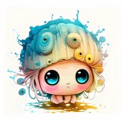 Cute Baby Sea Jellyfish Big Eyes Watercolor Background, Made with Generative AI