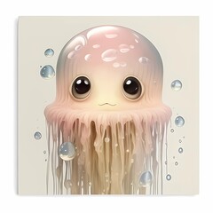 Cute Baby Sea Jellyfish Big Eyes Watercolor Background, Made with Generative AI