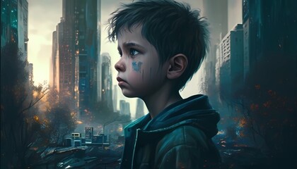 0xNeTainiT Boy Lost in City Focus Background, Made with Generative AI