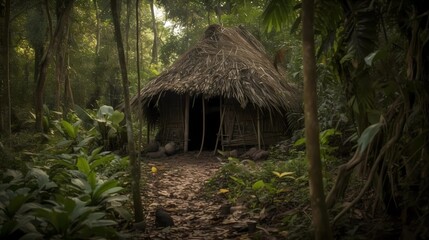 Fototapeta na wymiar Hut Nestled in Jungle Background, Made with Generative AI