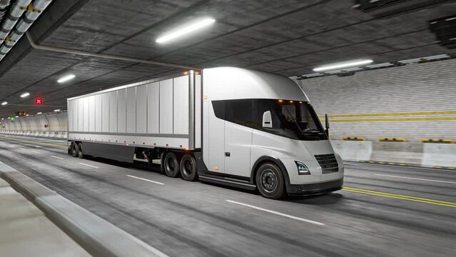 White Electric Semi-Trailer Truck Driving through a Tunnel. 4k, 60 fps, chroma subsamlping 4:4:4, 3d-render