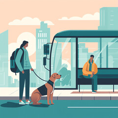 A person and their dog wait at a city bus stop, surrounded by other commuters. The dog sits patiently beside its owner, looking up at them with adoration. Generative AI.