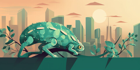 A green chameleon perches on a tree branch in a public park with the city skyline in the background. It blends in with the leaves and branches. Generative AI.