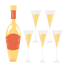 Bottle and glasses of champagne on white background