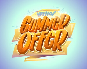 Summer offer vector web banner template with hand drawn lettering, hello summer poster - 589379754