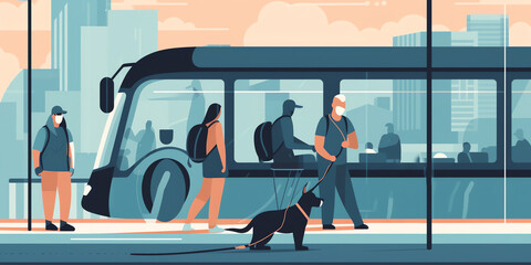 A person and their dog wait at a city bus stop, surrounded by other commuters. The dog sits patiently beside its owner, looking up at them with adoration. Generative AI.