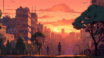 sunset over a city park while people jogging. digital art illustration. generative AI