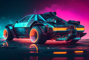 Obraz na płótnie Canvas Sports cyberpunk futuristic car on a neon cyberpunk background in the style of the 80s. generative ai