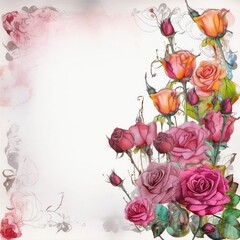 Whimsical Rose Decorated White Page Background, Made with Generative AI