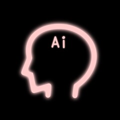 A picture of a face shaped line representing artificial intelligence ai. The line is shining like a red neon sign. The side view of a human face is a real illustration.