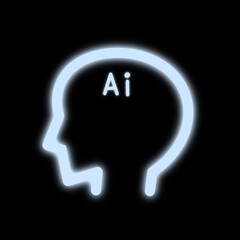 A picture of a face shaped line representing artificial intelligence ai. The line is shining like a blue neon sign. The side view of a human face is a real illustration.
