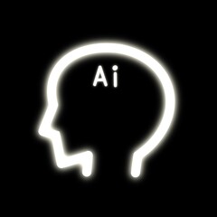 A picture of a face shaped line representing artificial intelligence ai. The line is shining like a yellow neon sign. The side view of a human face is a real illustration.