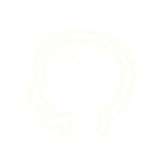 A picture of a face shaped line representing artificial intelligence ai. The line is shining like a yellow neon sign. The side view of a human face is a real illustration.