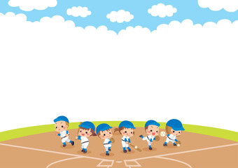 野球をしている可愛い子供たちのイラスト　フレーム　背景　テンプレート　コピースペース