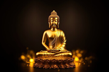 Buddha golden statue decorated with lotus blossoms, generative AI	 - obrazy, fototapety, plakaty