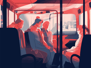 Fototapeta na wymiar Soft Gestures: Dreamy Bus Rides in Light Crimson and Navy