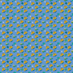 Cartoon cute doodles Vacation and travel seamless pattern. Colorful detailed, with lots of objects background. Endless vector illustration. Backdrop with  symbols  Resort and beach