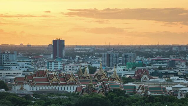 Bangkok Thailand 4K time lapse, high angle view sunset city skyline timelapse with Grand Palace