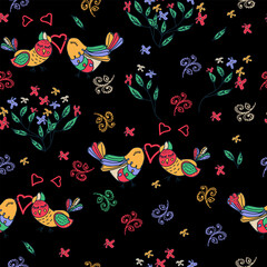 Vector floral ethnic seamless pattern in doodle style with flowers , leaves and birds. Gentle, spring, summer floral background.