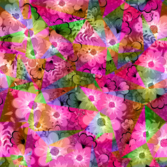 Vector floral ethnic seamless pattern in doodle style with flowers and leaves. Gentle, spring, summer floral background.