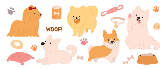 Obraz premium Set of cute dogs vector. Lovely dog and puppy doodle pattern in different, breeds, collar, bone, bowl, canned food with flat color. Adorable pet characters hand drawn collection on white background.