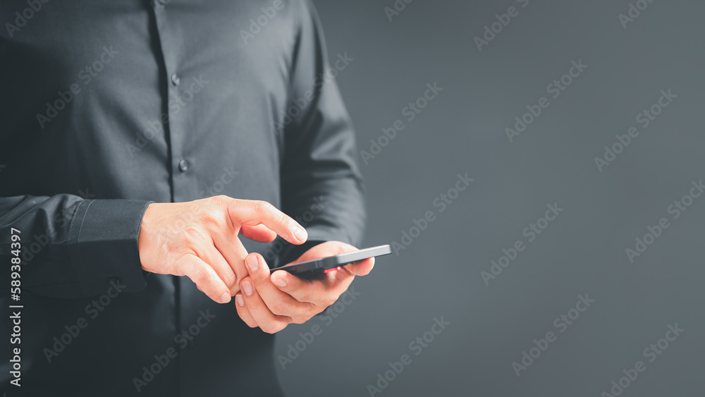 Poster Man viewing website social network connecting with wifi in home by mobile phone. Male hands holding a smartphone model touching sensor screen to browse internet. Concept of Virtual communication.
