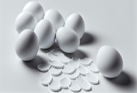 Perfect White Eggs On White Background, Minimalism, Flat Design, Solid Color Concept, Easter, Easter Eggs. Generative AI