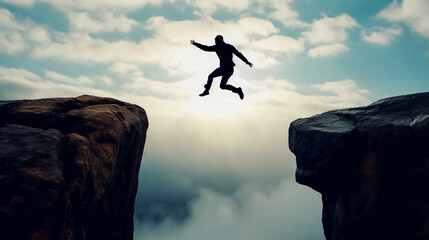 Man jumping over cliff. energetic man. strong man succeeds in life. 