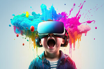 Excited child or kid wearing VR headset with a big smile on face, enjoying a virtual reality experience that sparks wonder and joy. Generative AI