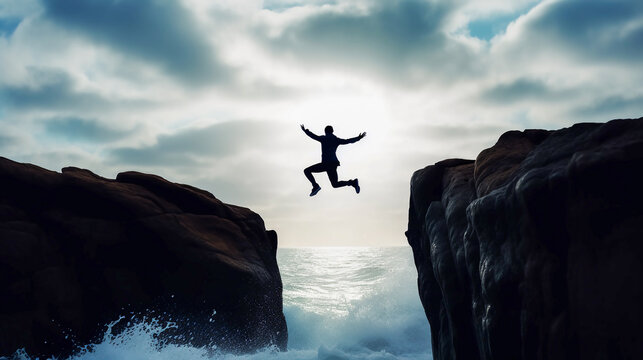 Man jumping over cliff. energetic man. strong man succeeds in life. 