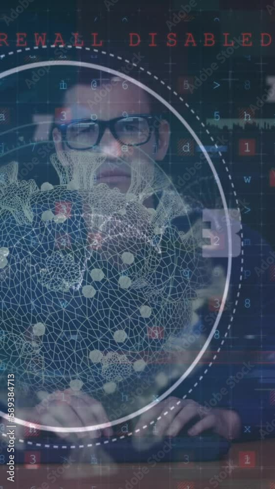 Poster animation of scope scanning and virus cell over caucasian man using computer