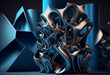 Abstract background 3D, fantastic silver blue structures. Generative AI