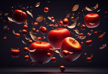 3D Flying Red Apples. Generative AI