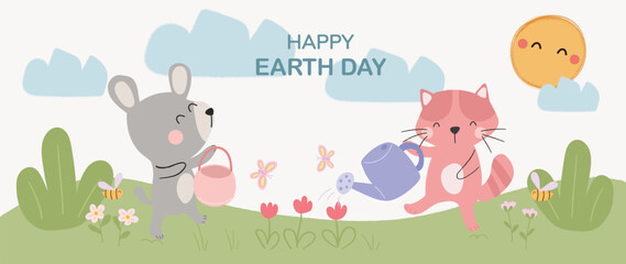 Happy Earth day concept, 22 April, background vector. Save the earth with cute pet, dog, cat, watering flower plant. Eco friendly illustration design for web, banner, campaign, social media post.