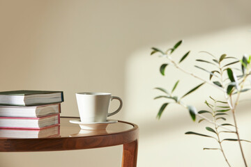 This room has a calm atmosphere with natural light. There are clay pots, glass bottles, coffee and various objects on the table.