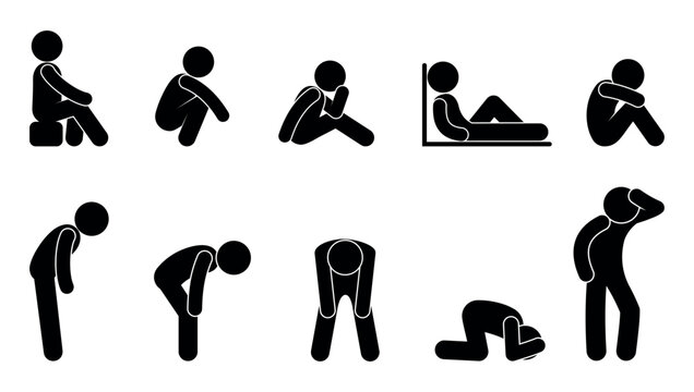 Stick figure man icon. People are sad, sick, tired, sitting, resting. Set of human silhouettes.