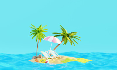 Fototapeta na wymiar 3D rendering Summer vacation beach abstract background concept, Minimal Realistic Display Podium for Product mock-up or Cosmetics with summer theme, beach umbrella, sand, chairs, inflatable ring.