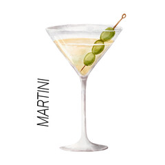 Martini cocktail. Watercolor illustration of drink in glass isolated on white