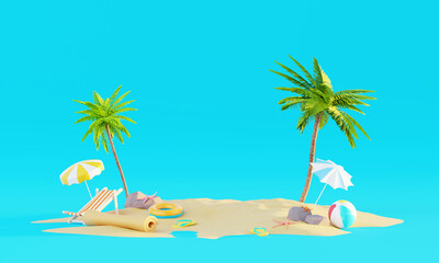 Fototapeta na wymiar 3d rendering Summer vacation beach abstract background concept, Minimal Realistic Display Podium for Product mock-up or Cosmetics with summer theme, beach umbrella, sand, chairs, inflatable ring.