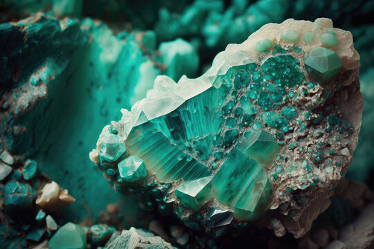 Closeup of a natural amazonite gemstone on a textured surface, showing its rough and beautiful green-blue pattern. Generative AI.