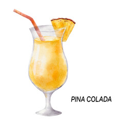Pina colada cocktail. Watercolor illustration of drink in glass isolated on white